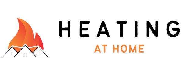 Heating at Home logo made up of three peaked rooftops with a large orange flame rising behind them and the name heating at home to the right